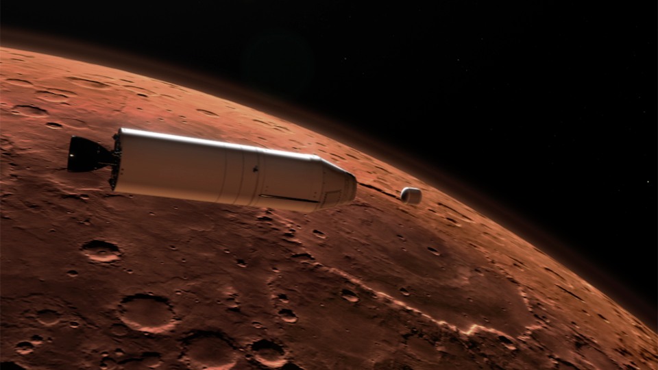 Diese Illustration zeigt ein Konzept für eine Rakete (links), die einen Probenbehälter (rechts) hoch über der Marsoberfläche abwirft. - Copyright: NASA/JPL-Caltech
