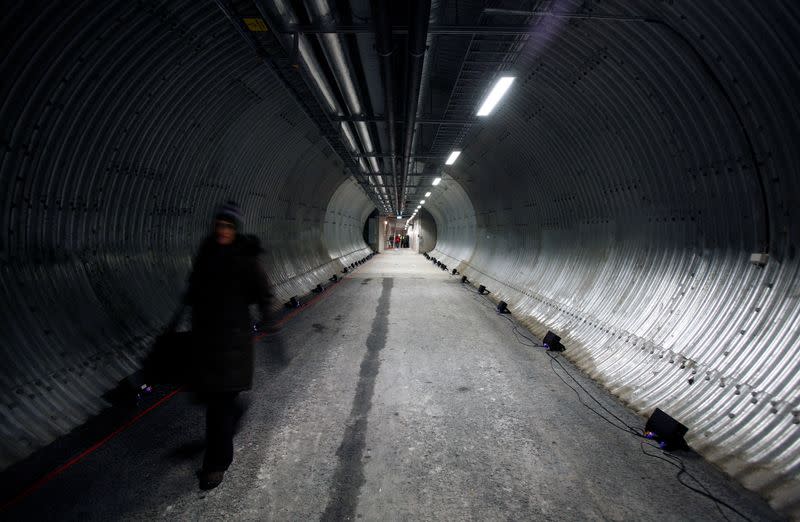 FILE PHOTO: A person walks along the passage leading into the Global Seed Vault in Longyearbyen