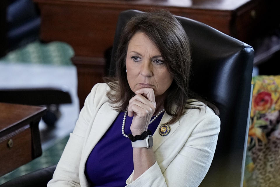 Texas state Sen. Angela Paxton, R-McKinney, wife of impeached state Attorney General Ken Paxton, sits in the Senate Chamber at the Texas Capitol in Austin, Texas, Monday, May 29, 2023. The historic impeachment of Paxton is plunging Republicans into a bruising fight over whether to banish one of their own in America's biggest red state. (AP Photo/Eric Gay)