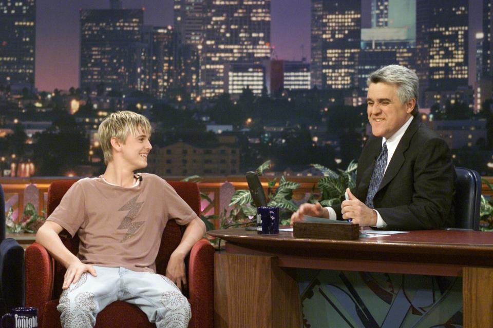 Musical guest Aaron Carter during an interview with host Jay Leno on April 24, 2001