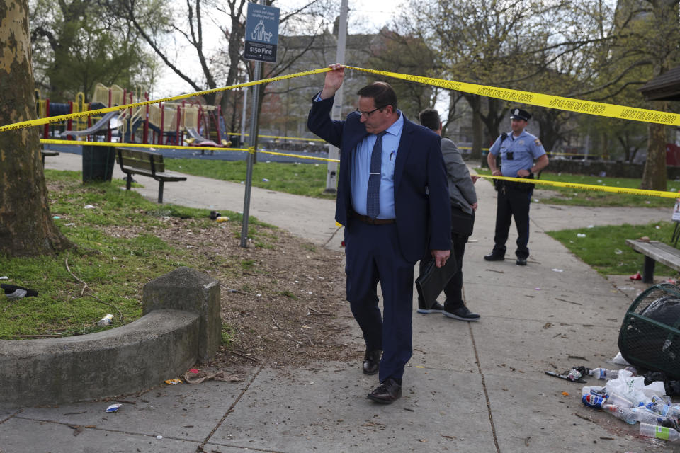 Police respond to a shooting at an Eid al-Fitr event, Wednesday, April 10, 2024, in Philadelphia. (Monica Herndon/The Philadelphia Inquirer via AP)