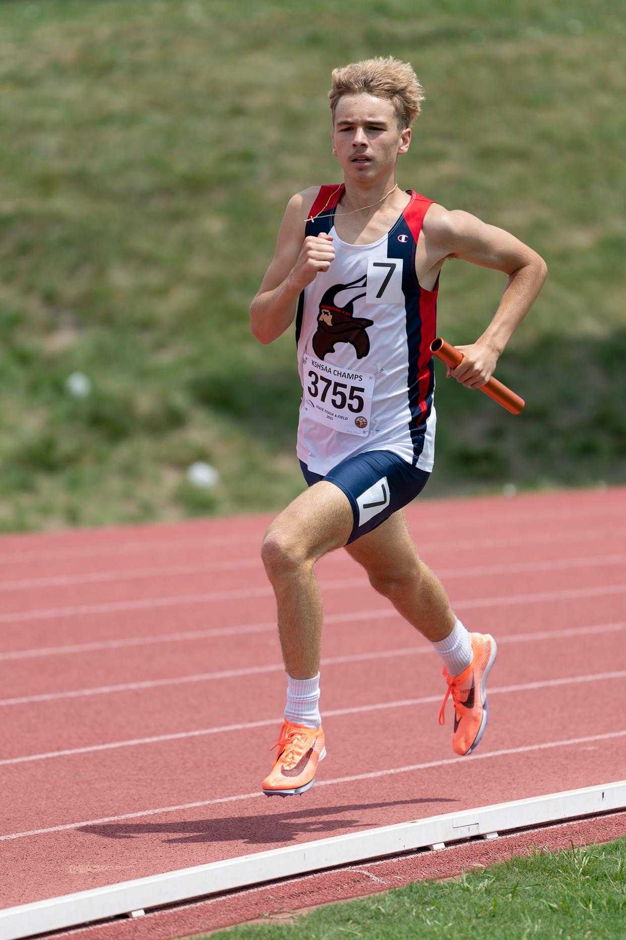 Seaman Brody Anderson competes in the 4x800 Saturday May. 27, 2023, during state track at Cessna Stadium in Wichita, Kan.