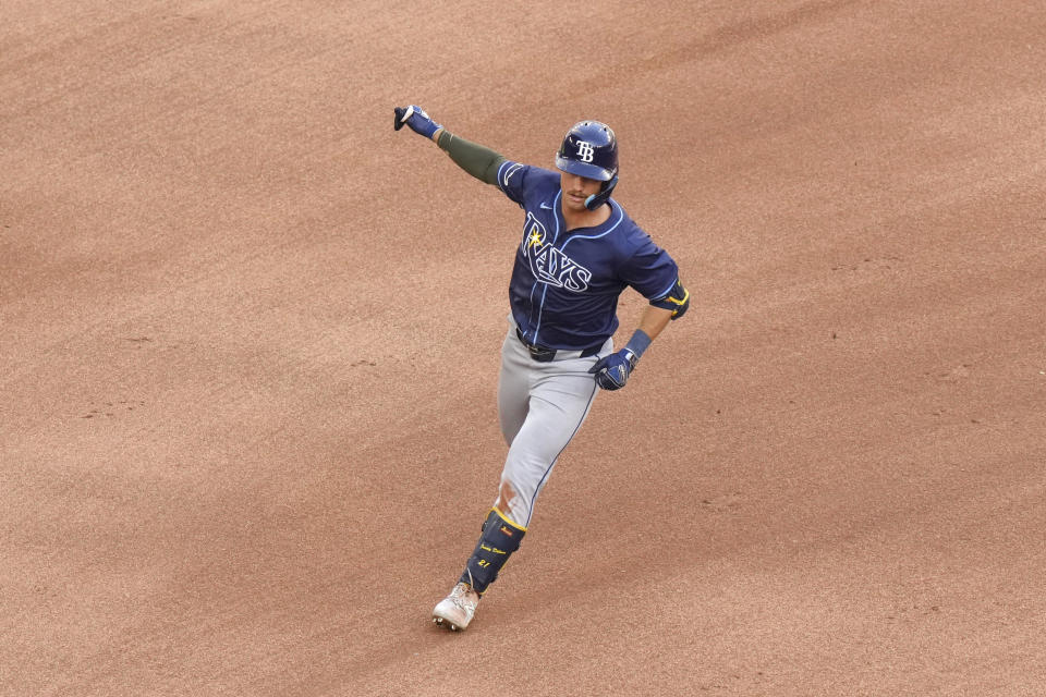 Tampa Bay Rays' Jonny DeLuca rounds the bases after hitting a two-run home in the eighth inning of a baseball game against the Toronto Blue Jays, Saturday, May 18, 2024, in Toronto. (Chris Young/The Canadian Press via AP)