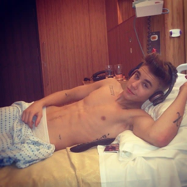 The last we knew, hospitals still issued gowns for patients. Not sexy, but it’s standard… for everyone but Selena Gomez’s ex. His special treatment for dehydration required that he strip to the waist — and, of course, snap a selfie sprawled out in his hospital bed. (Photo: Instagram)