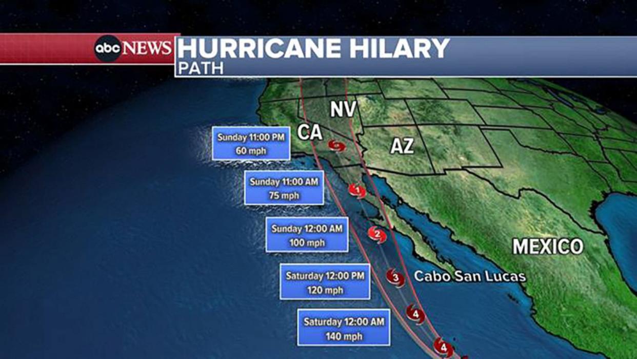 PHOTO: A weather map shows the path and expecting timing for Hurricane Hilary on the west coast of Mexico, Aug. 18, 2023. (ABC News)