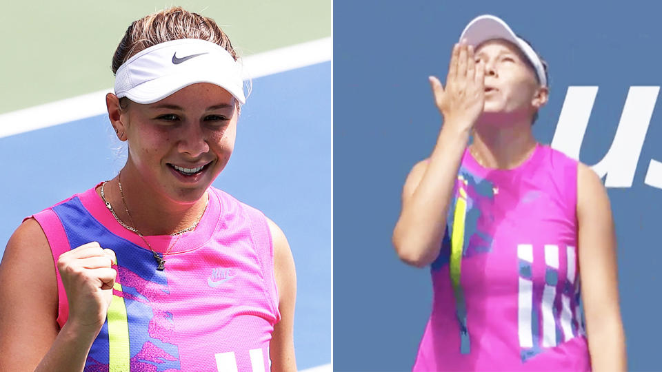 Amanda Anisimova (pictured left) celebrating with a fist-pump and (pictured right) blowing a kiss to her father.