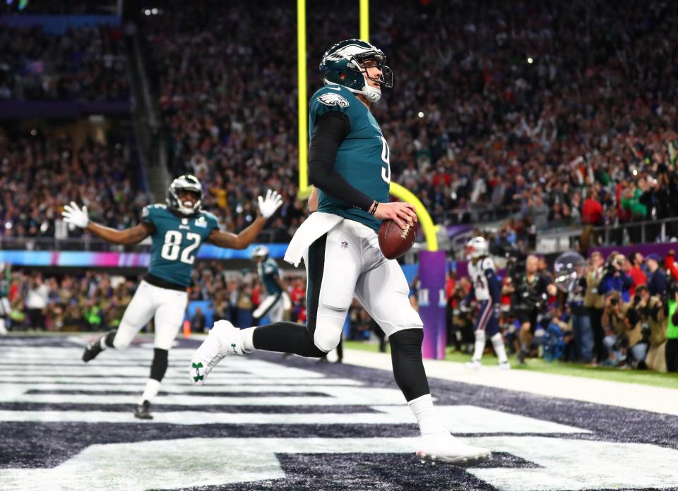 Philly Special (Super Bowl LII) -- Eagles quarterback Nick Foles motioned out of the backfield, the snap went to running back Corey Clement, who tossed the ball to tight end Trey Burton on a reverse. Burton hit a wide-open Foles for a touchdown that put Philadelphia up 22-12 heading into halftime. The Eagles went on to win, 41-33, for the team's first championship since 1960.