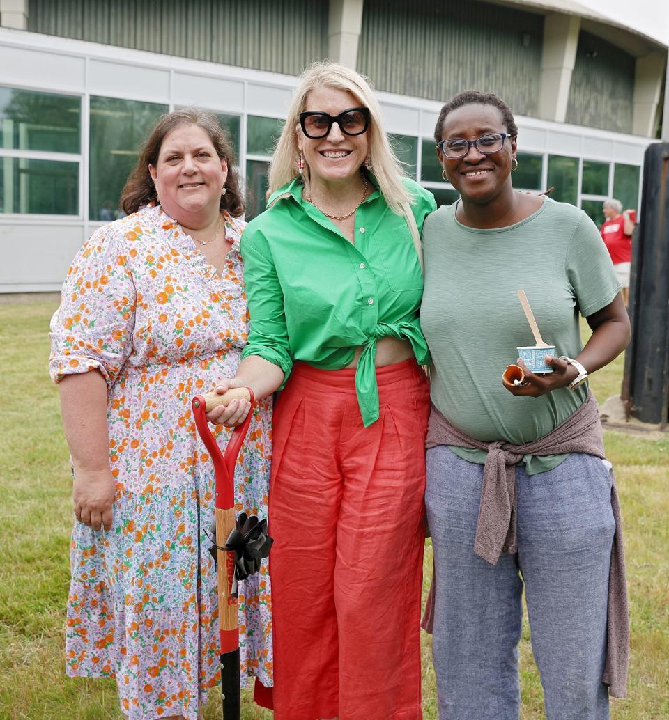 Parents, from left, Kendra Muenter, Amy Machado and Aida Neary, who pushed for the school bond to pass in 2020, are excited for the construction of a new high school in Newport.