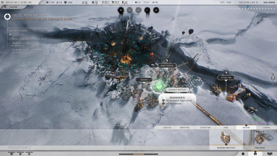 A build overlay of Frostpunk 2, showing the cost of building a building.