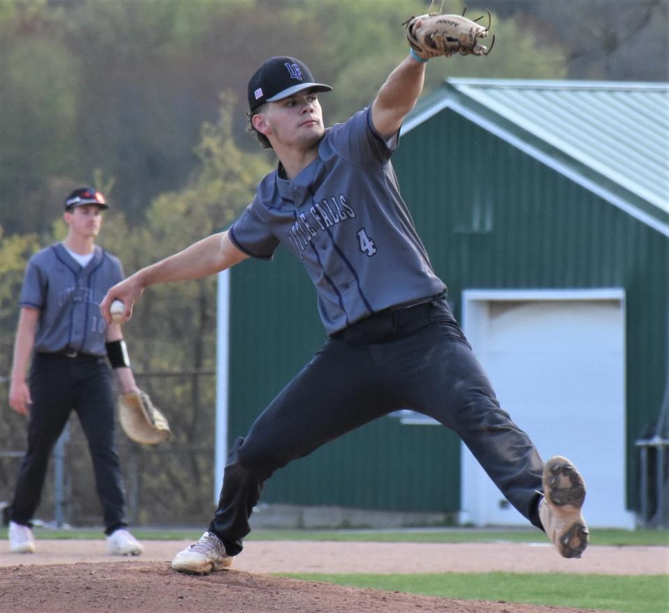 Chase Regan held Adirondack hitless into the sixth inning of the Little Falls Mountis' 4-2 win Friday at Veterans Memorial Park.