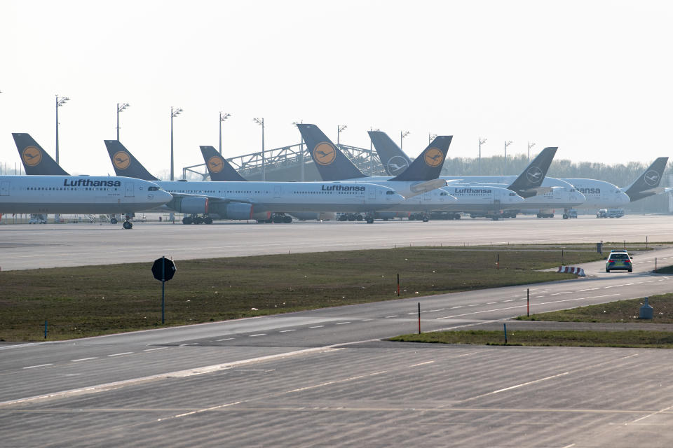 07 April 2020, Bavaria, Munich: Numerous parked Lufthansa aircraft stand on the airport apron. During the Corona crisis, Lufthansa is cutting back its fleet. At least 42 jets of the core company Lufthansa and Eurowings are to be permanently decommissioned, the company announced in Frankfurt on Tuesday. Photo: Matthias Balk/dpa (Photo by Matthias Balk/picture alliance via Getty Images)
