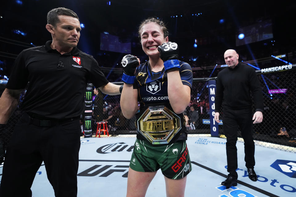 LAS VEGAS, NEVADA - MARCH 04: Alexa Grasso of Mexico reacts to her win during the UFC 285 event at T-Mobile Arena on March 04, 2023 in Las Vegas, Nevada. (Photo by Jeff Bottari/Zuffa LLC via Getty Images)