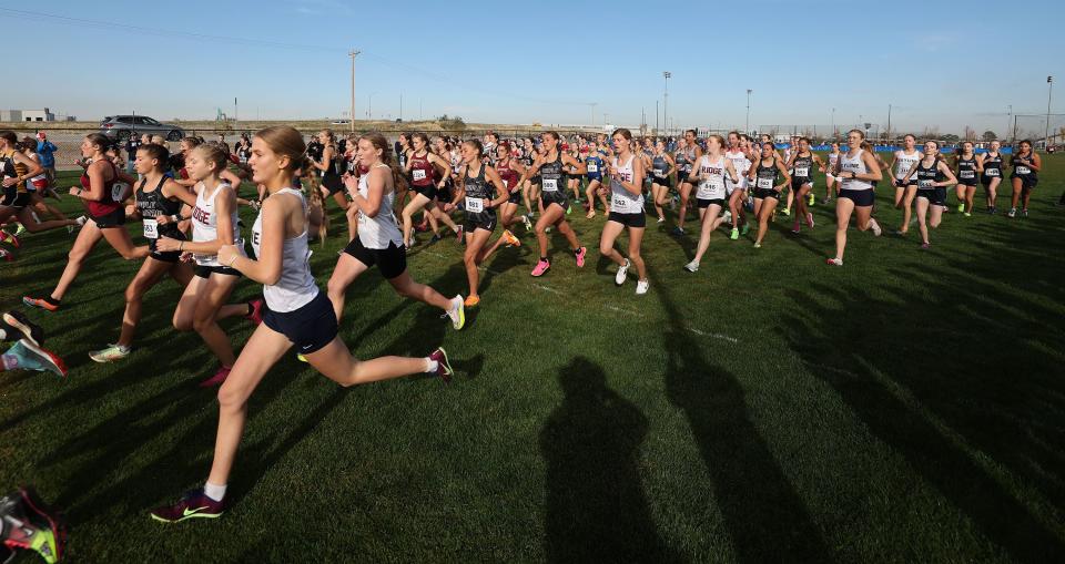 Action from the 5A girls cross-country state championship race at the Regional Athletic Complex in Rose Park on Tuesday, Oct. 24, 2023. | Jeffrey D. Allred, Deseret News