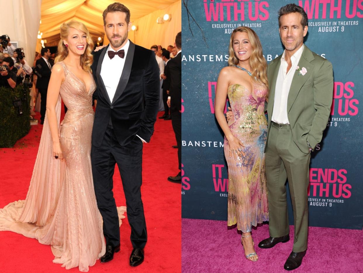 A side-by-side of Blake Lively and Ryan Reynolds on two different red carpets.