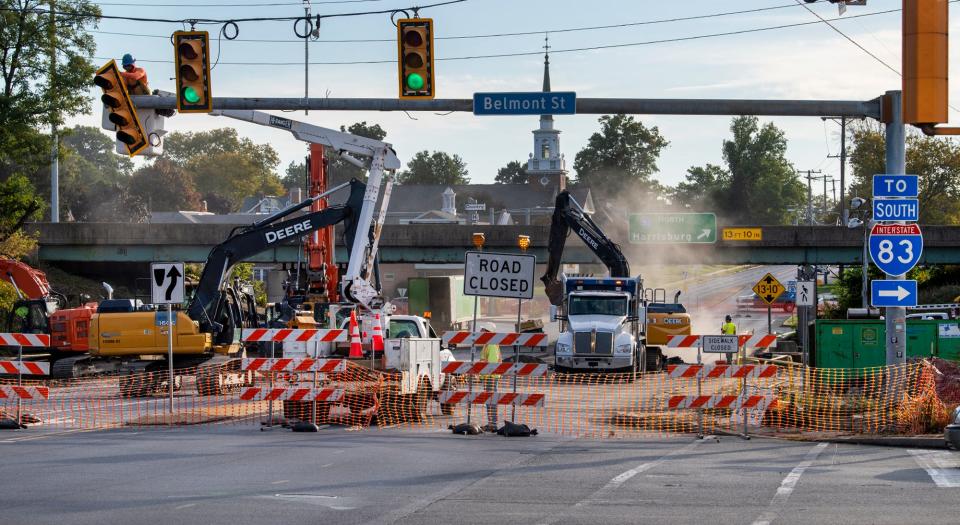 Looking east from Belmont Street in Spring Garden Township, construction has begun to replace a bridge on East Market Street at the intersection of Interstate 83, on the first day of road closure August 27, 2022.