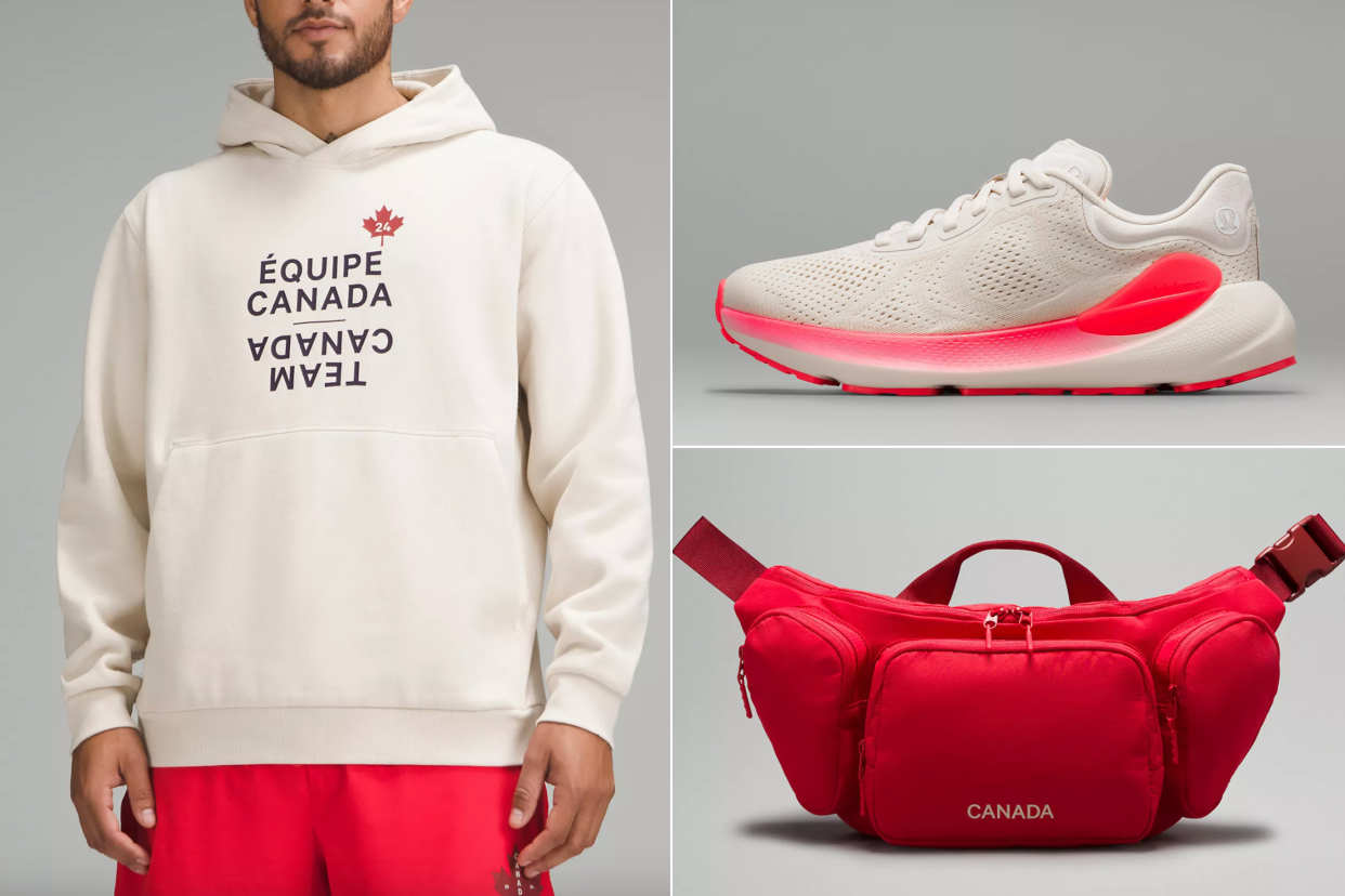 lululemon team canada white hoodie, white and pink sneakers, red summer olympics bag