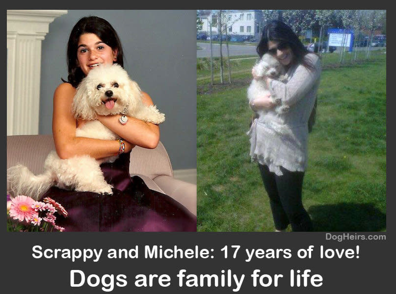 Me with my old dog Scrappy! The first picture is from when I was 11, and the second is of my with him at age 28! - Submitted by Michele Foster 