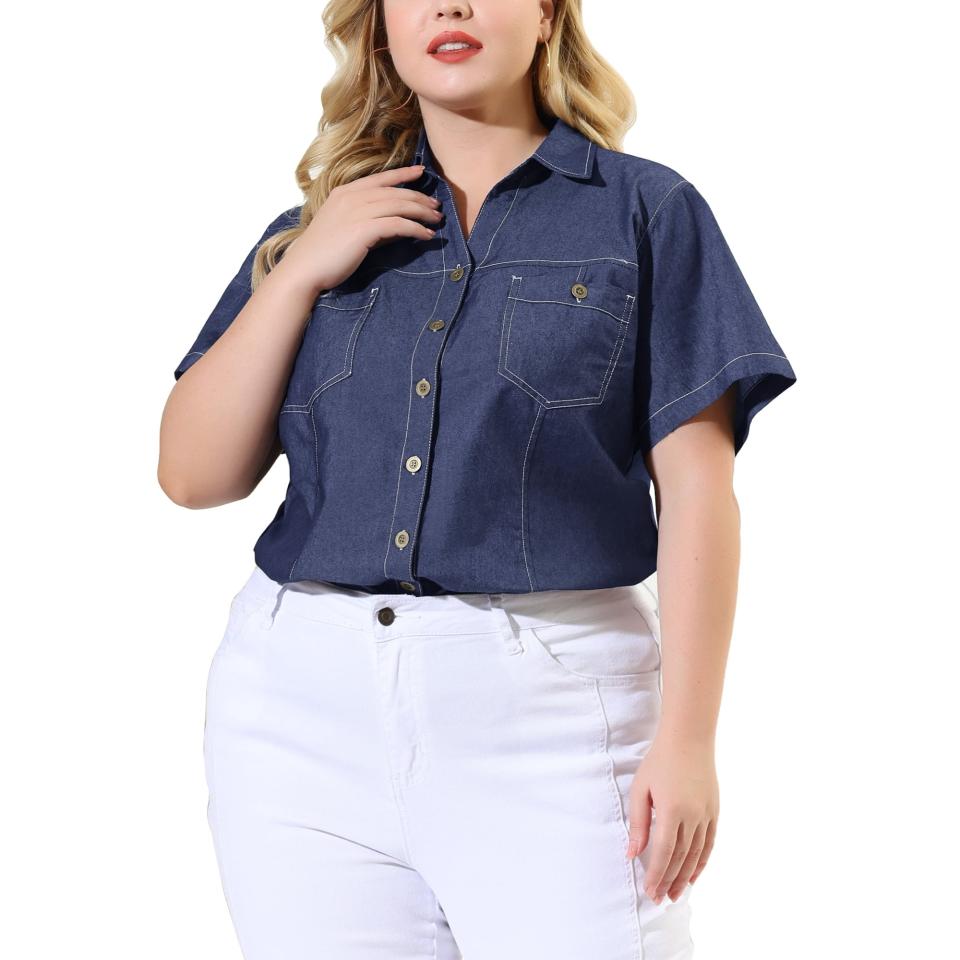 Model wearing denim top with white pants.