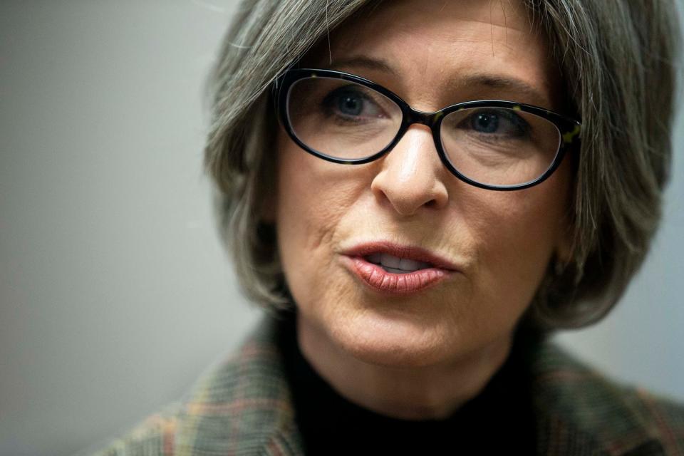 U.S. Sen. Joni Ernst, R-Red Oak, talks to reporters after holding a town hall meeting on Thursday, March 21, 2019, in the Adel DeSoto Minburn High School Auditorium in Adel.