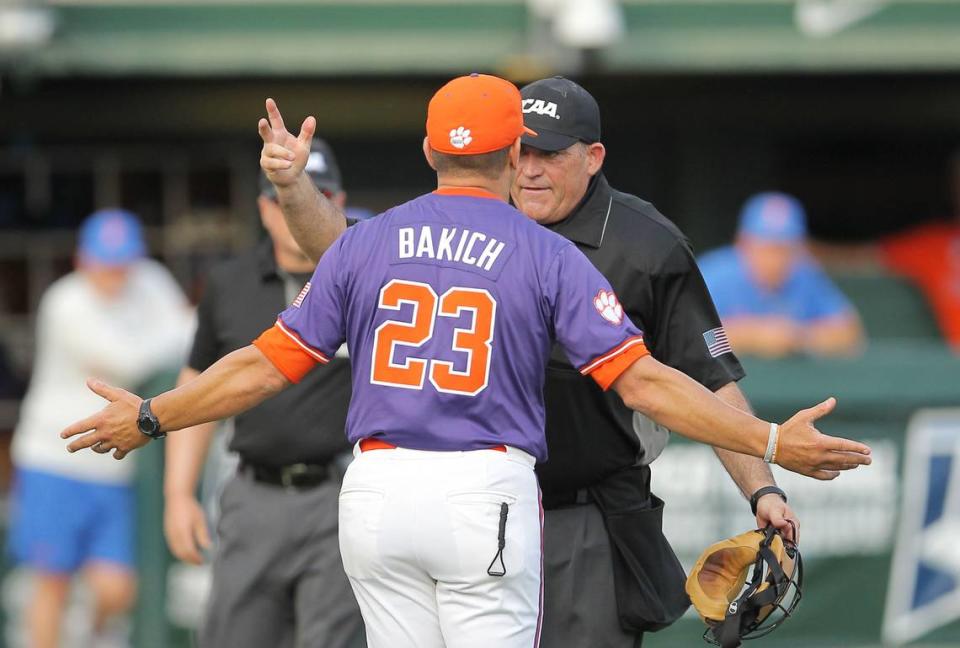 Clemson head coach Erik Bakich has a word or two for an umpire after being ejected from the game during NCAA Super Regionals action on Sunday, June 9, 2024 in Clemson, S.C.