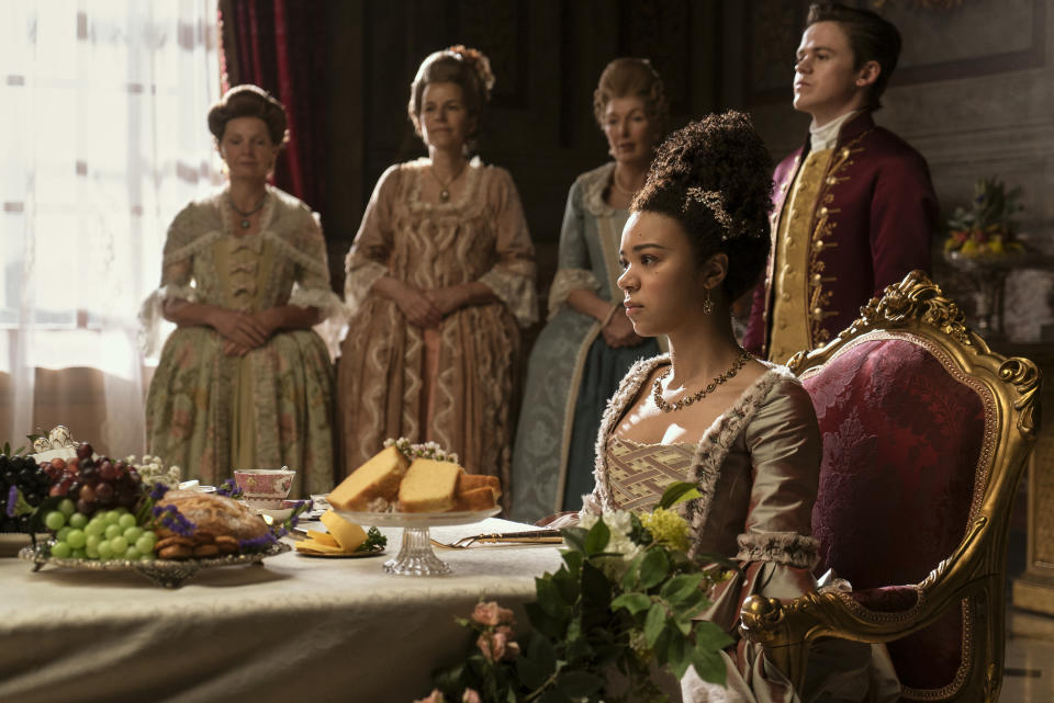 Queen Charlotte: A Bridgerton Story. (L to R) India Amarteifio as Young Queen Charlotte, Sam Clemmett as Young Brimsley in episode 102 of Queen Charlotte: A Bridgerton Story. (Netflix)