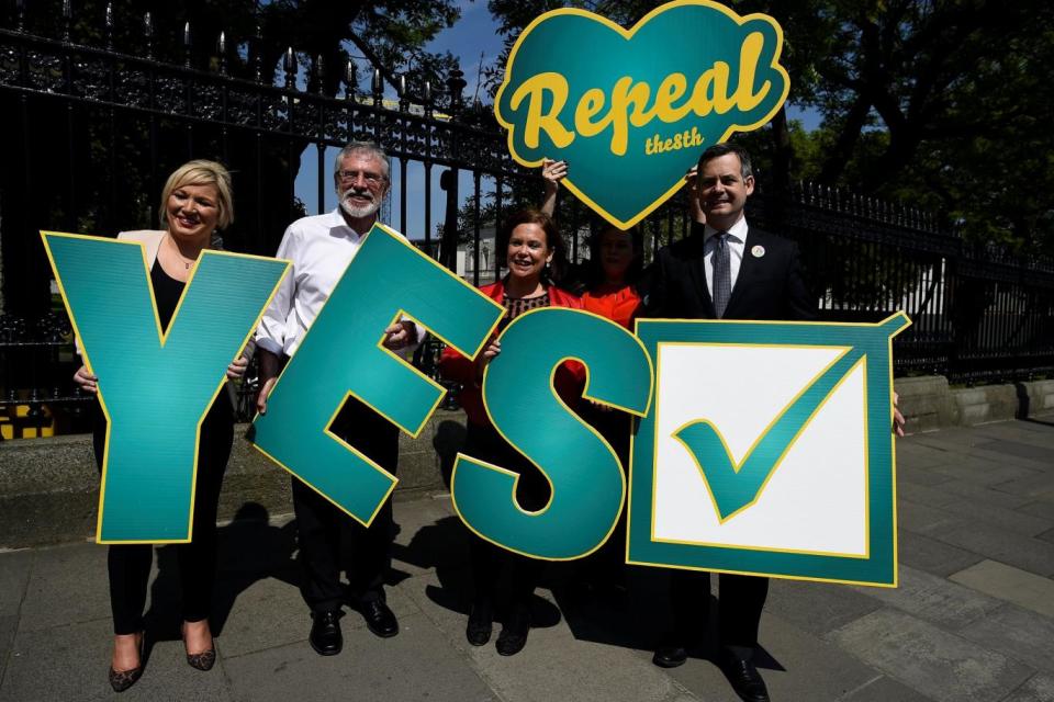 Sinn Fein's Michelle O'Neill, Gerry Adams, Mary Lou McDonald and Pearse Doherty hold Pro-Choice signs ahead of the May 25 referendum on abortion law (REUTERS)