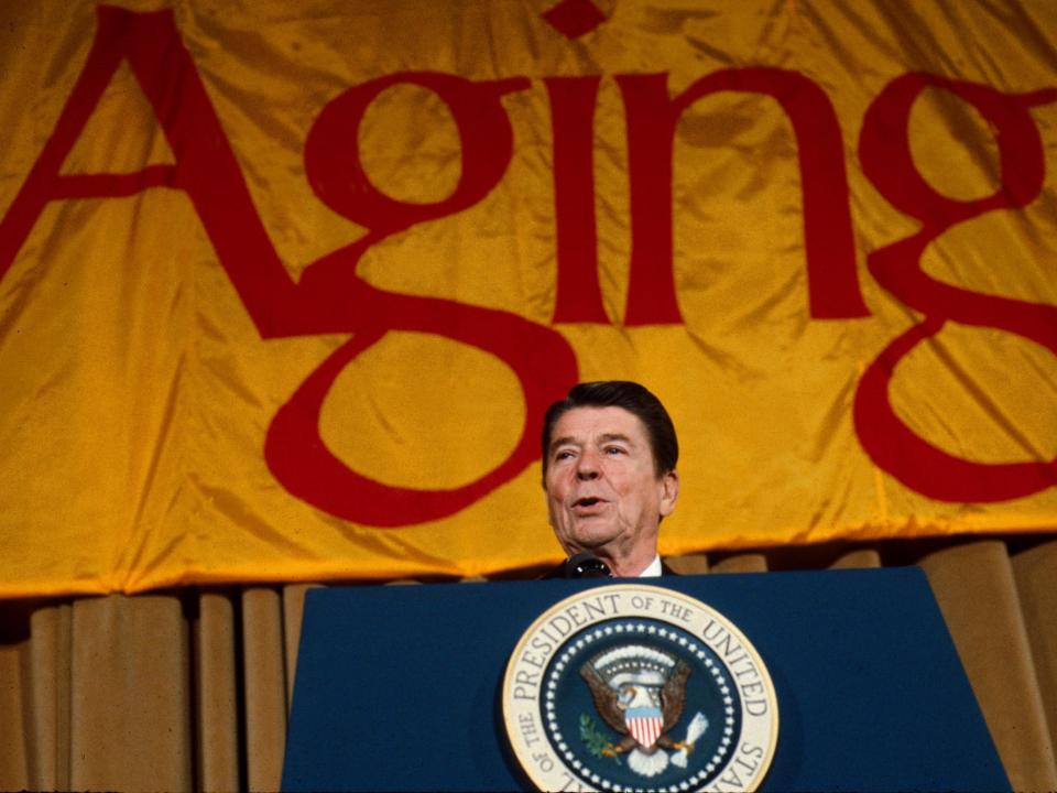 President Ronald Reagan gives a speech on aging in December 1981.