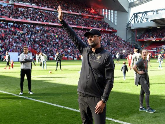 Jurgen Klopp salutes the Liverpool fans at Anfield (Getty)