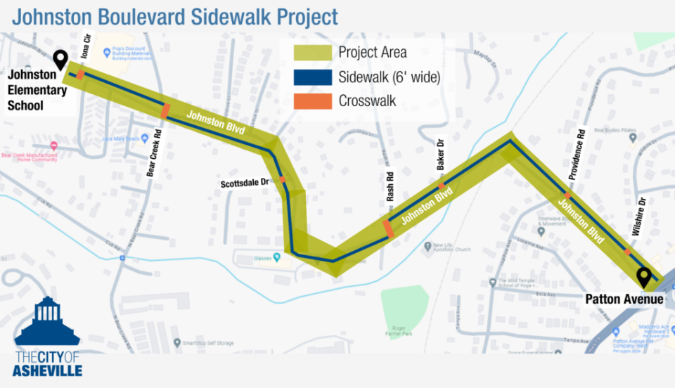 A map of the proposed Johnston Boulevard sidewalk project.