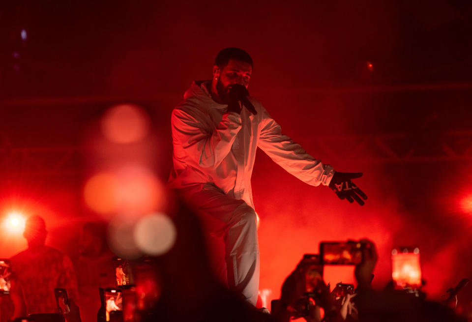 A closeup of Drake performing