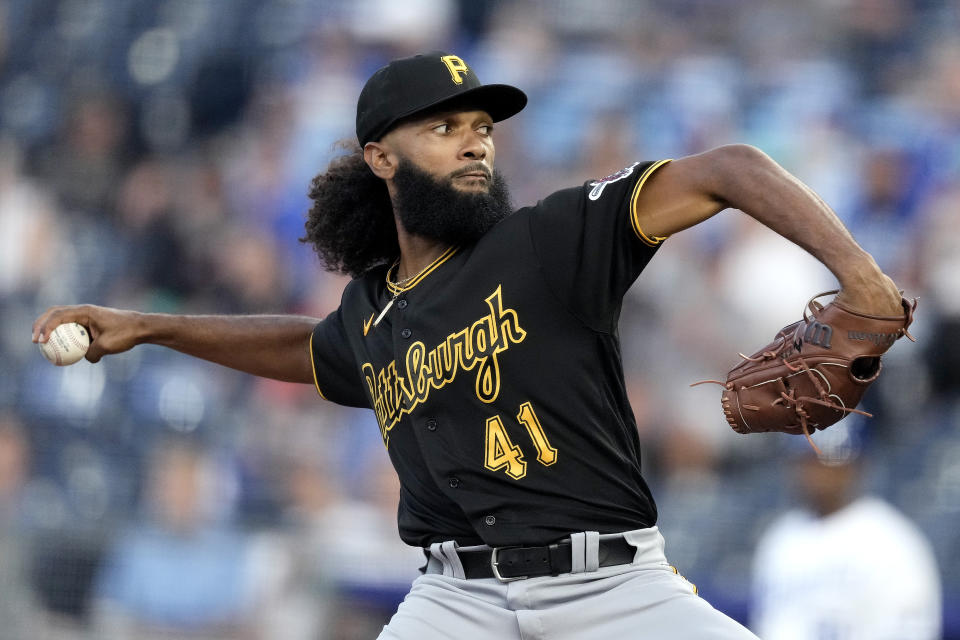 Pittsburgh Pirates starting pitcher Andre Jackson throws during the first inning of a baseball game against the Kansas City Royals Wednesday, Aug. 30, 2023, in Kansas City, Mo. (AP Photo/Charlie Riedel)