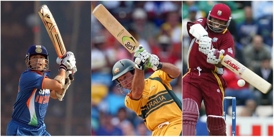 This combo picture shows from LtoR Indian cricketer Sachin Tendulkar in Rajkot on December 15, 2009,Australian cricketer Ricky Ponting in Bridgetown, Barbados on April 28, 2007 and West Indies former captain Brian Lara in Southampton on September 22, 2004. Tendulkar, Ponting and Lara hold the record for the maximun runs on the World Cup with 1796, 1573 and 1225 respectively. AFP PHOTO/ Pal Pillai/Greg Wood/Martyn HAYHOW (Photo credit should read STF/AFP/Getty Images)