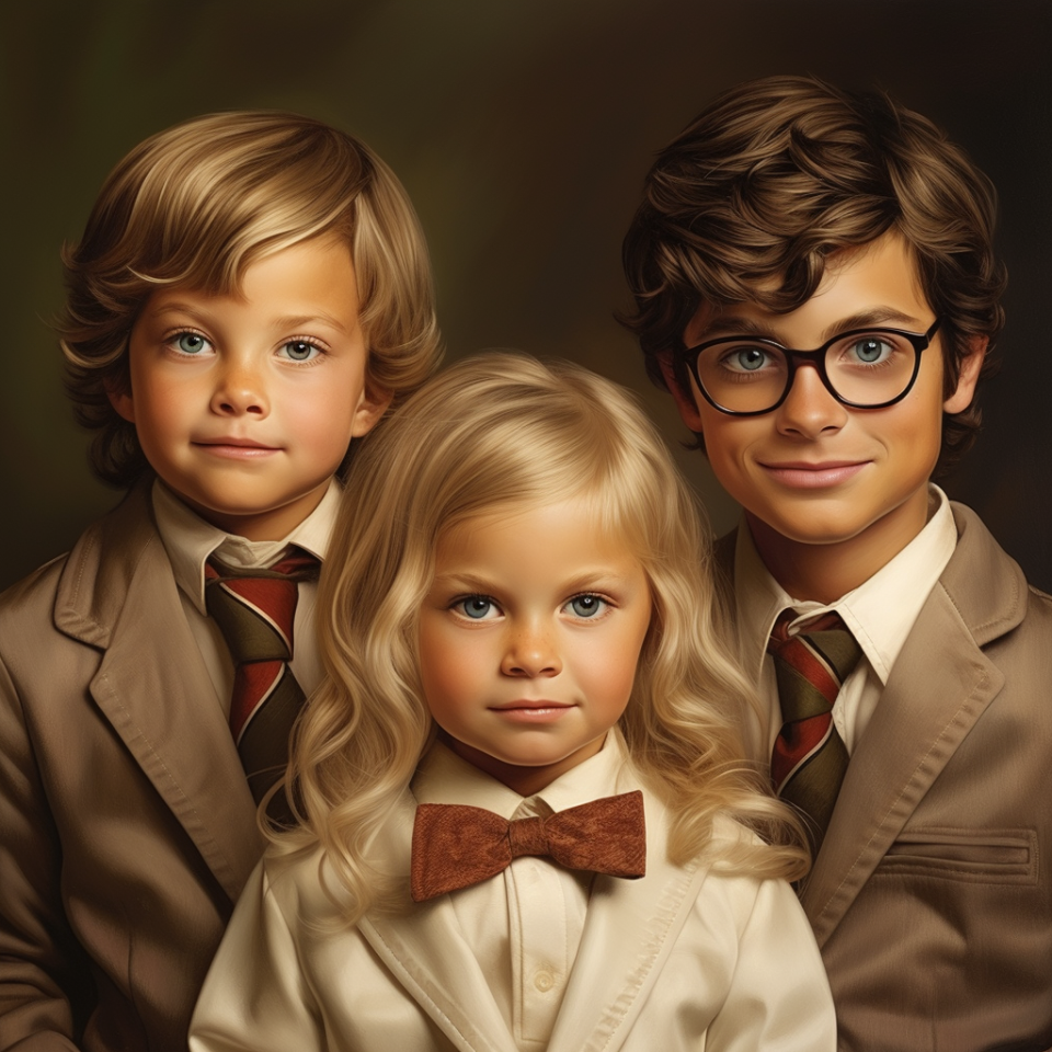 Three animated children dressed in formal attire with ties and glasses