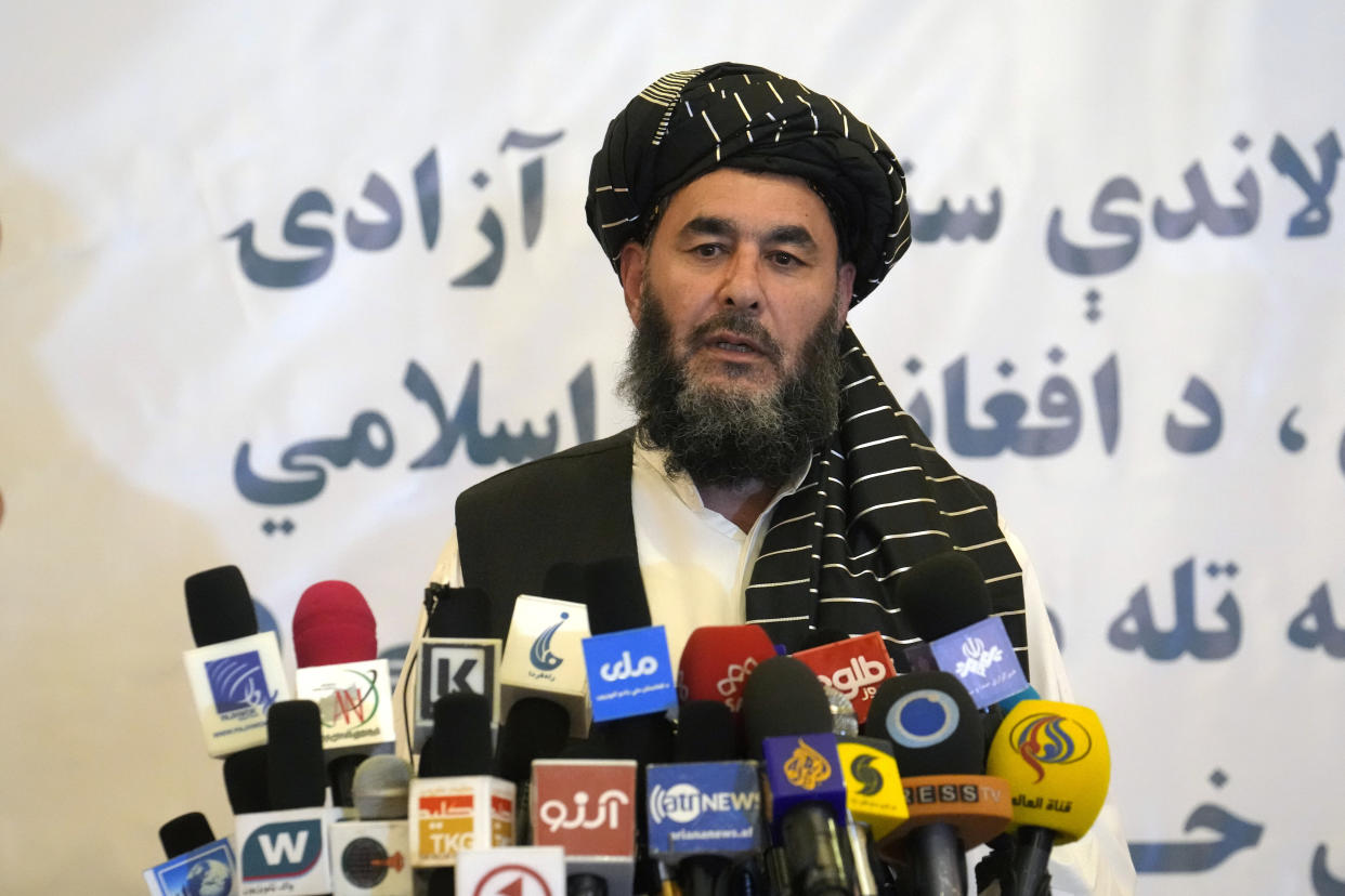 CORRECTS THAT BASHIR NOORZAI WAS RELEASED FROM AN AMERICAN PRISON NOT GUANTANAMO BAY - Bashir Noorzai, prison, speaks during his release ceremony, at the Intercontinental Hotel, in Kabul, Afghanistan, Monday, Sept. 19, 2022. Noorzai, a notorious drug lord and member of the Taliban, told reporters in Kabul on Monday that he spent 17 years and six months in a U.S. prison. Taliban-appointed Foreign Minister Amir Khan Muttaqi said Monday that a released American, in what appears to have been part of a swap, was Mark Frerichs, a Navy veteran and civilian contractor kidnapped in Afghanistan in 2020. (AP Photo/Ebrahim Noroozi)