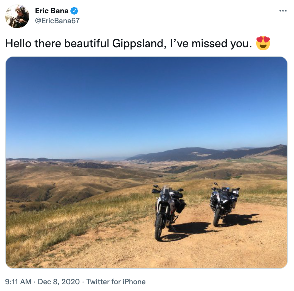 A photo of two motorcycles on a hill in Gippsland, Victoria taken by Australian actor Eric Bana