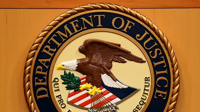 The Department of Justice logo is seen at their headquarters in Washington, D.C., on Thursday, August 5, 2021 prior to a press conference regarding a civil rights matter.