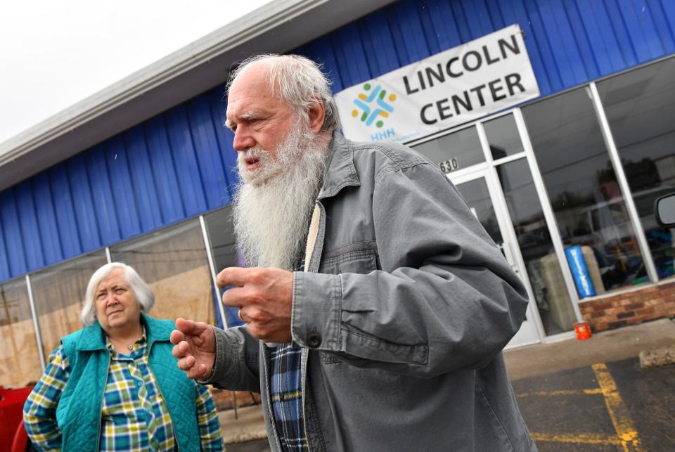 Harry and Mary Fleegel talk about their work at the Lincoln Center shelter Friday, April 23, 2021, in St. Cloud.