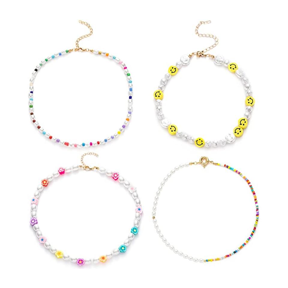 four colorful beaded necklaces