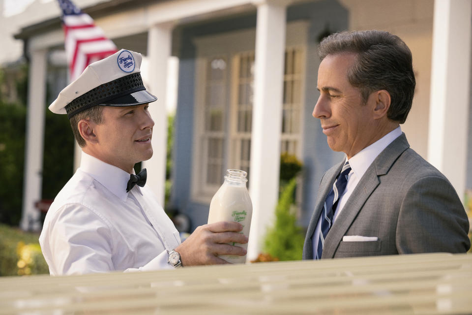 This image released by Netflix shows Christian Slater, left, and Jerry Seinfeld in a scene from "Unfrosted." (John P. Johnson/Netflix via AP)