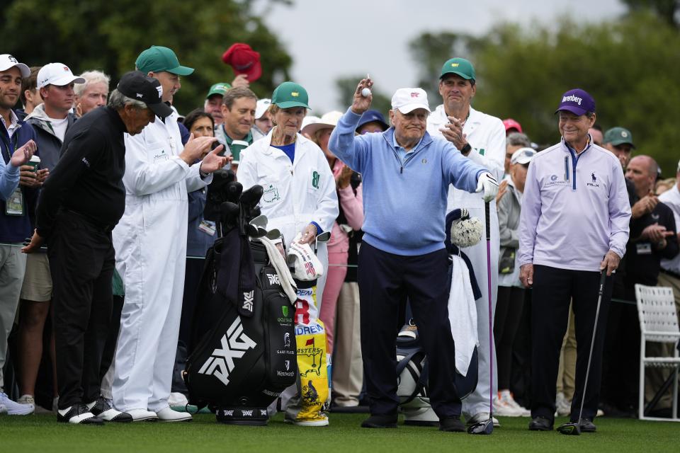 Honorary starter Jack Nicklaus waves before the ceremonial tee shot on the first hole during the first round at the Masters golf tournament at Augusta National Golf Club Thursday, April 11, 2024, in Augusta, Ga. (AP Photo/Matt Slocum)