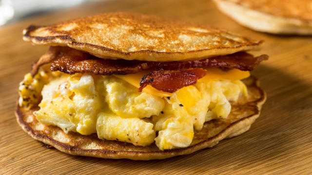 Griddle Cake Breakfast Sandwich with Sausage, Egg & Cheese