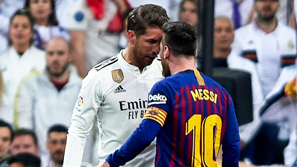 Real Madrid's Sergio Ramos and Barcelona's Lionel Messi come face-to-face during the El Classico match.