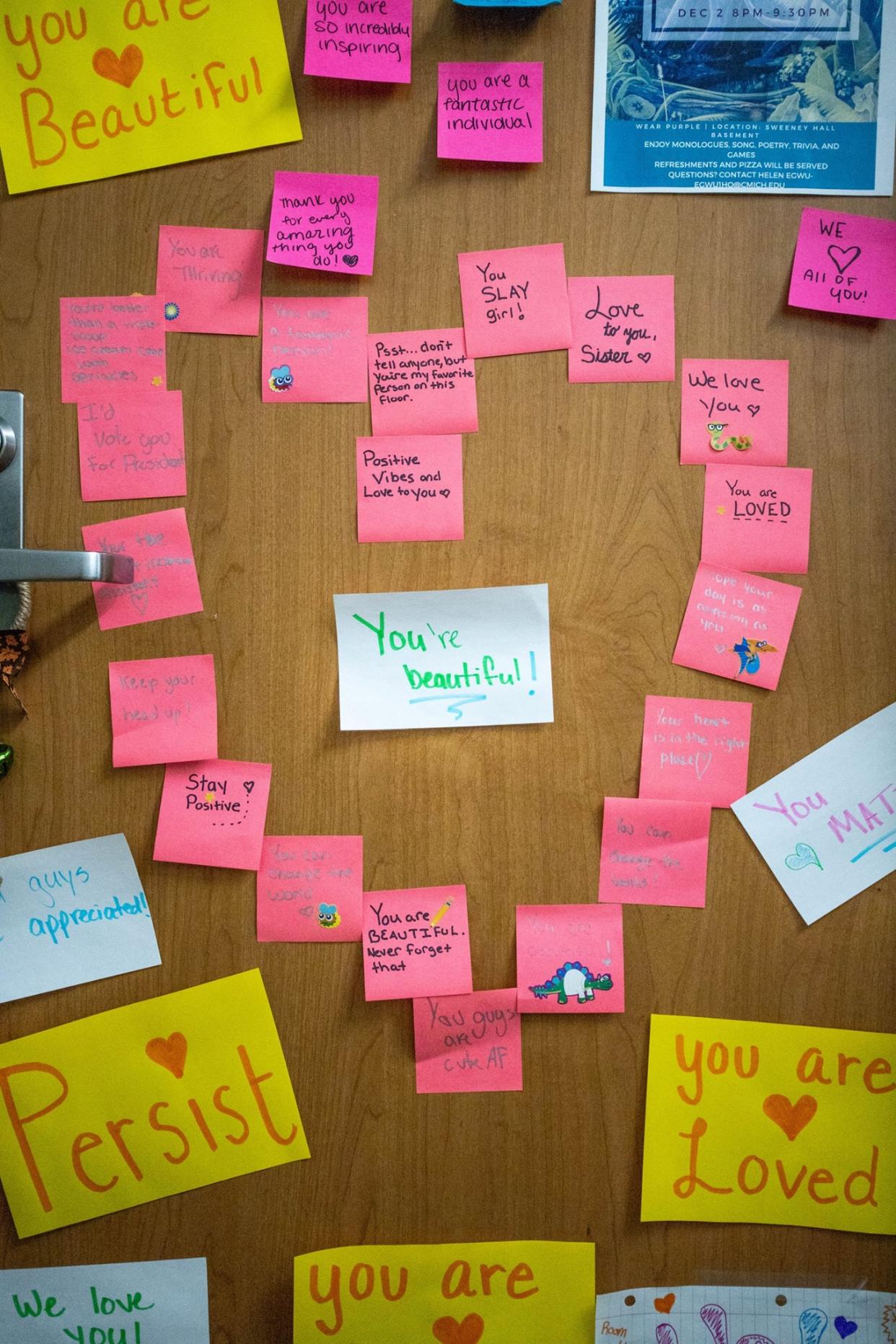 Students at Central Michigan University decorated a classmate's door with kind notes after someone left a hate note on her door