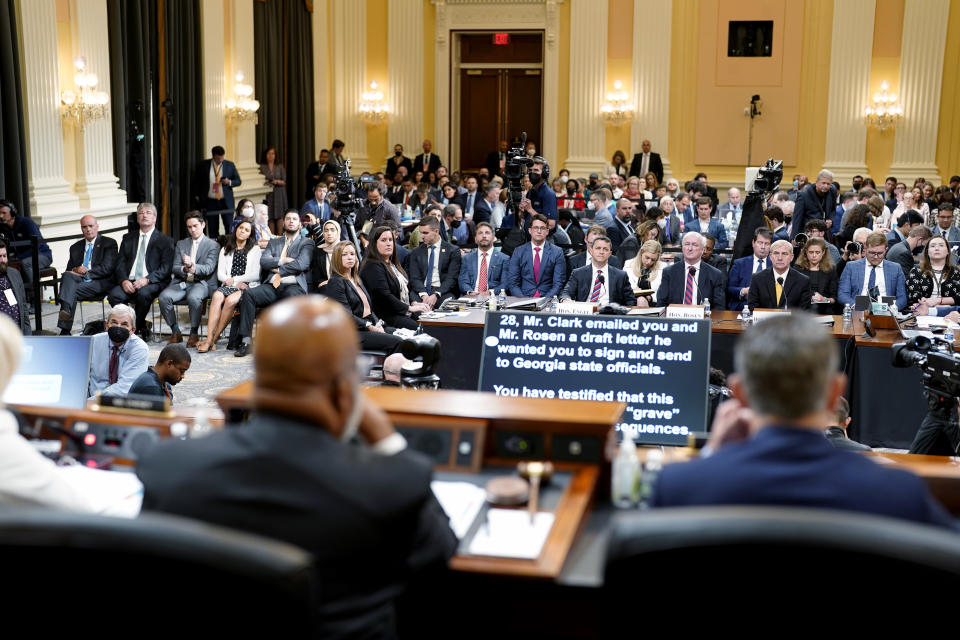 Seated from left, former Assistant U.S. Attorney General for the Office of Legal Counsel Steven Engel, former Acting U.S. Attorney General Jeffrey Rosen and former Acting U.S. Deputy Attorney General Richard Donoghue, testify as the House select committee investigating the Jan. 6 attack on the U.S. Capitol continues, Thursday, June 23, 2022, at the Capitol in Washington. ( Doug Mills/The New York Times via AP, Pool)