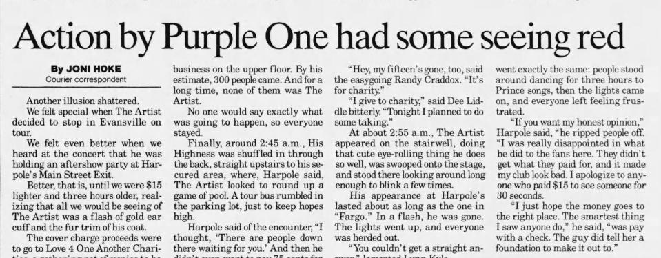 A January 1998 account by Courier reporter Joni Hoke on the fallout from Prince's very brief appearance on stage at Harpole's in Evansville.