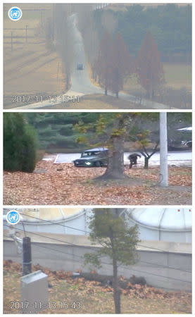 A North Korea soldier is shown defecting into South Korea in these still images taken from a video released by the United Nations Command (UNC) on November 22, 2017. (Top) A North Korean soldier drives a military vehicle towards the border, passing checkpoints manned by North Korean guards before appearing to get stuck in a ditch (centre), where he gets out and dashes into South Korea as North Korean border guards (not pictured) open fire. (Bottom) The wounded defector lies on the ground before South Korean soldiers (not pictured) crawl through undergrowth to drag him to safety. United Nations Command/Handout via REUTERS ATTENTION EDITORS - THIS IMAGE HAS BEEN SUPPLIED BY A THIRD PARTY. IT IS DISTRIBUTED, EXACTLY AS RECEIVED BY REUTERS, AS A SERVICE TO CLIENTS. TPX IMAGES OF THE DAY