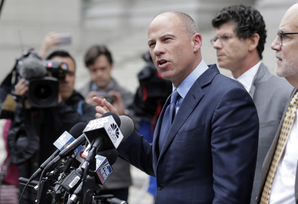 Michael Avenatti speaks to reporters after leaving a courthouse in New York, Tuesday, May 28, 2019, following a hearing where he pleaded not guilty to charges that he defrauded his most famous client, porn star Stormy Daniels. (AP Photo/Seth Wenig)