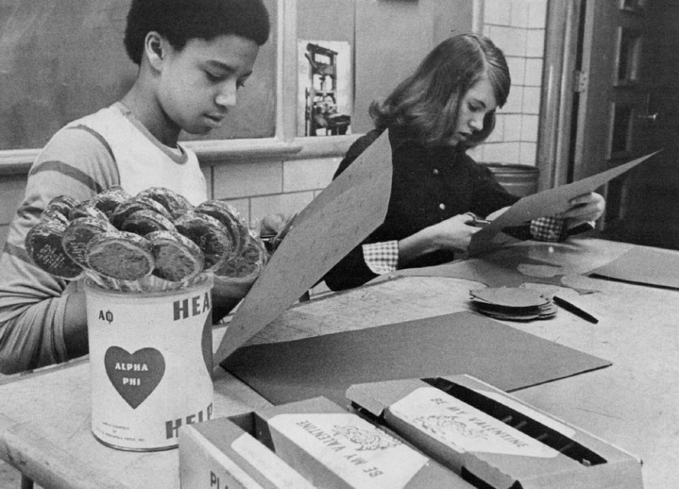 Feb. 1, 1976: Students at Merrill Junior High in Denver, Colorado, finish cutting hearts. (Denver Post/Getty Images)