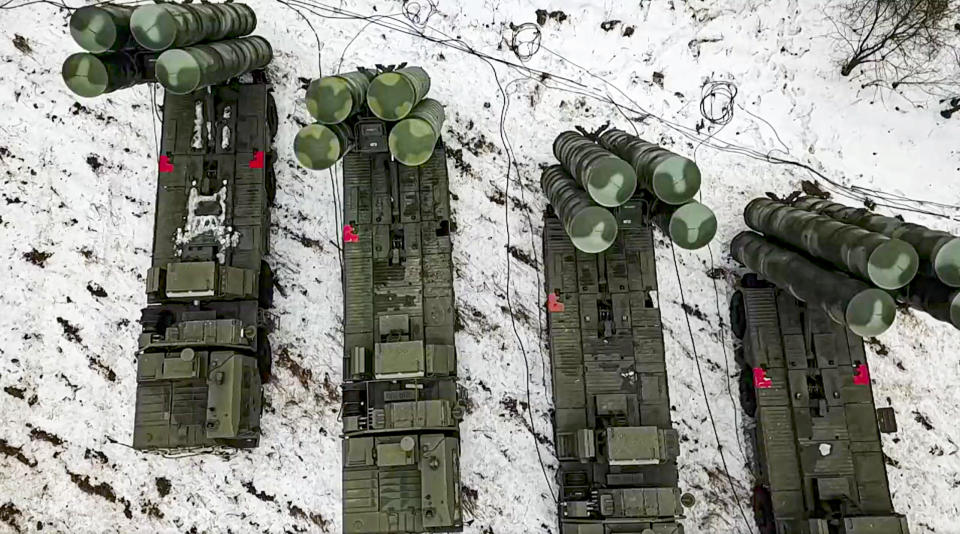 In an image taken from video provided by the Russian Defense Ministry Press Service on February 10, 2022, S-400 air defense systems are seen at a military training ground in the Brest region of Belarus, during the Union Courage-2022 Russia-Belarus joint military drills. / Credit: Russian Defense Ministry Press Service/AP