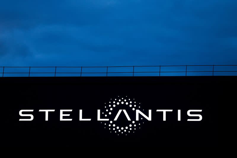 FILE PHOTO: The logo of Stellantis is seen on a company's building in Velizy-Villacoublay near Paris
